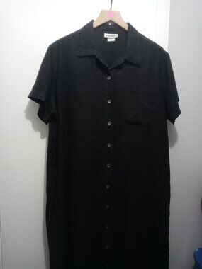 SUNBELT vintage short sleeve button down maxi dress linen in black (M)